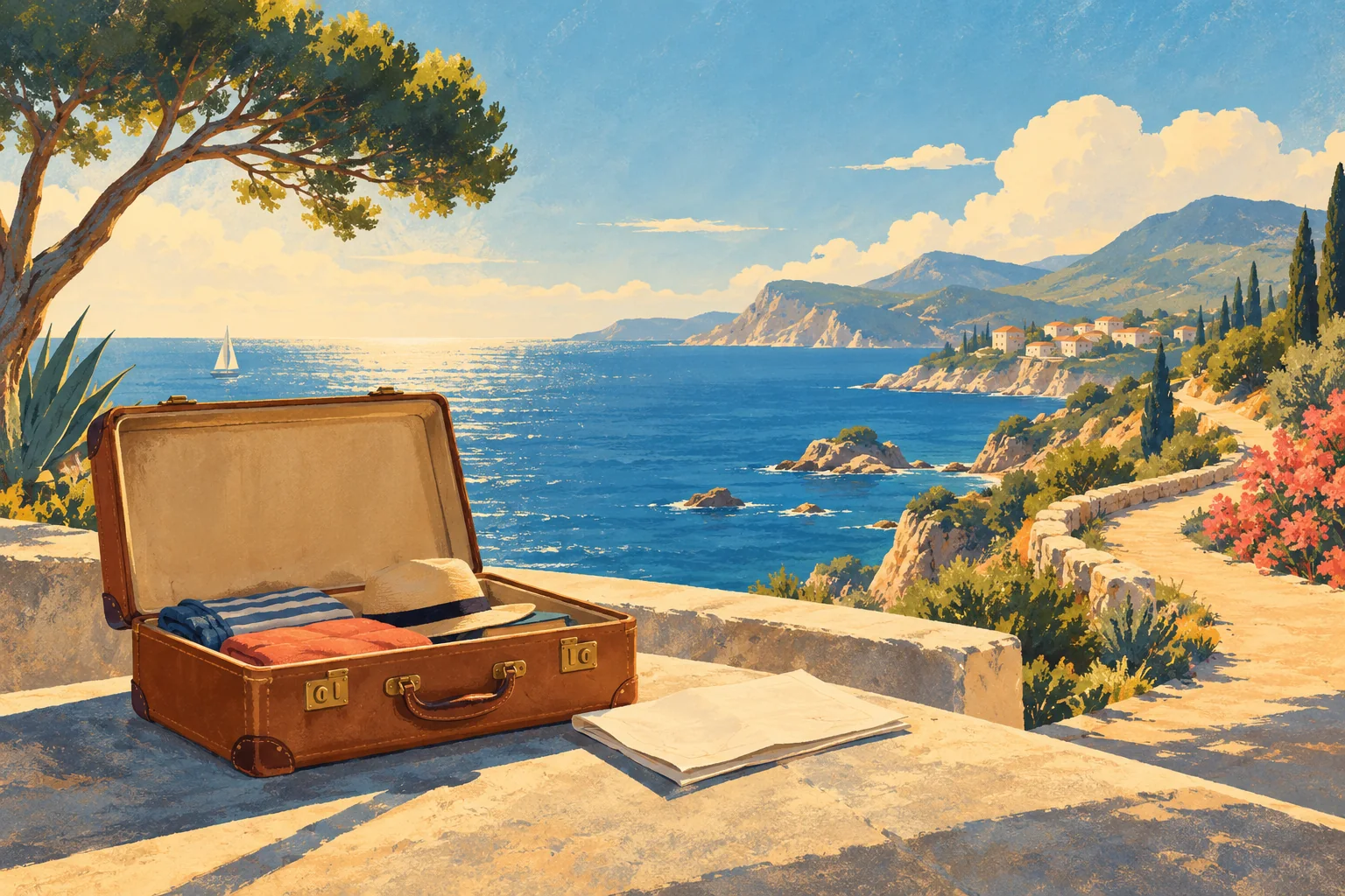 An open suitcase on a sunny seaside platform, with a footpath winding toward distant hills