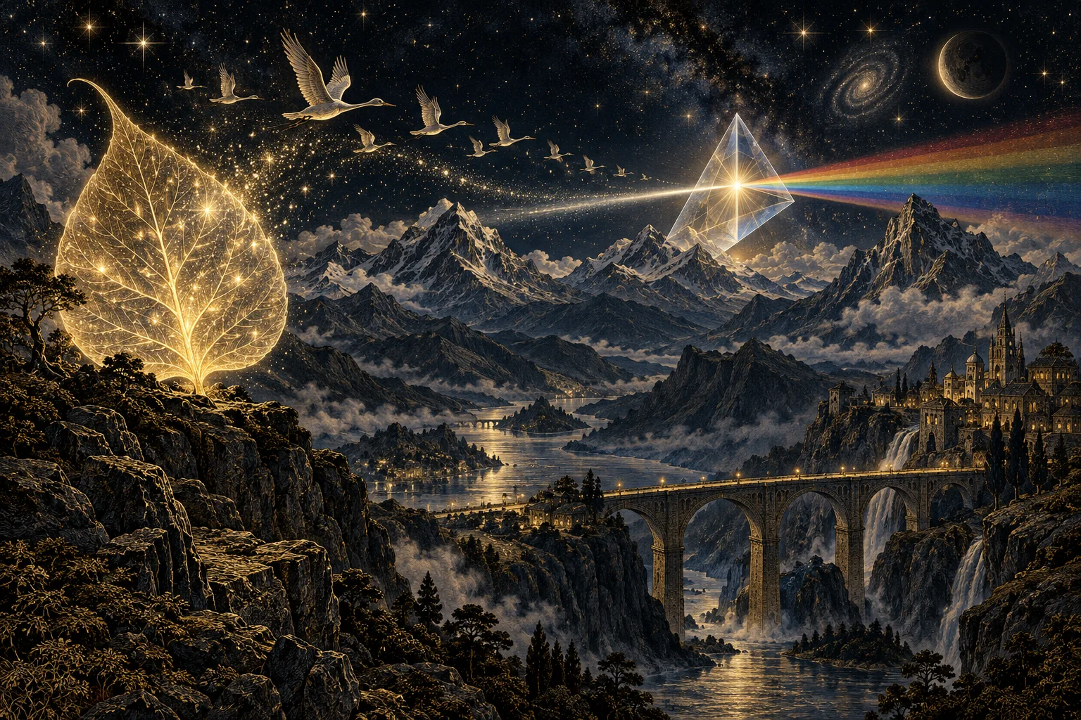 A magical night landscape combining vast mountains, intricate glowing leaf, migrating birds, prism and human-built bridge