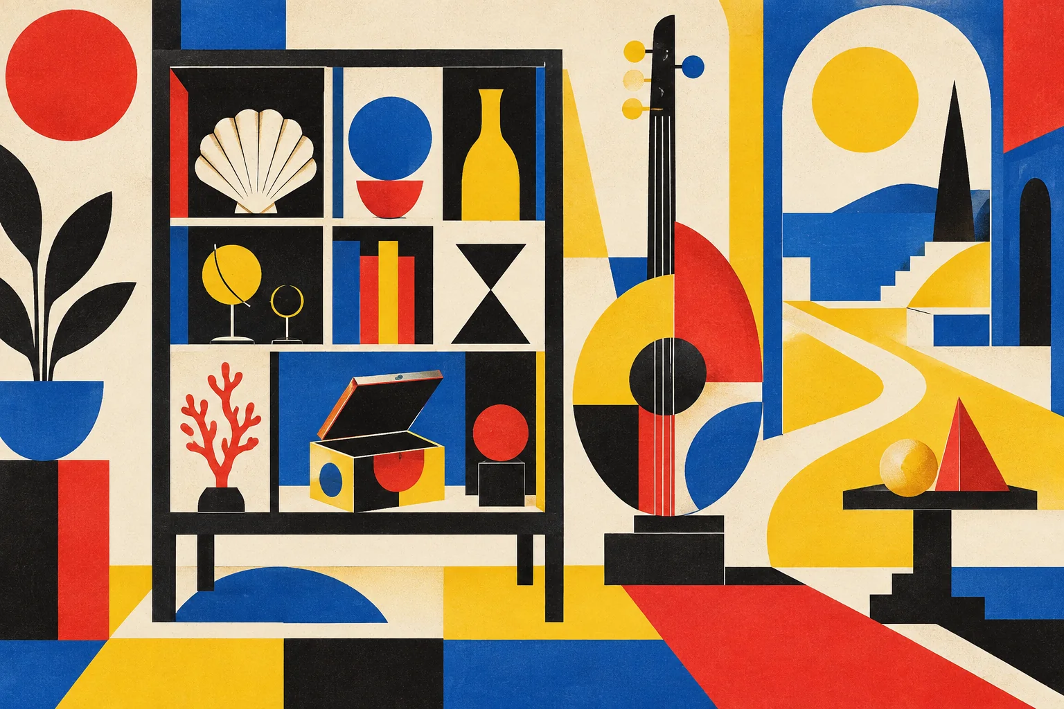 A sunlit curiosity cabinet with a shell, instrument, open puzzle box and branching pathways