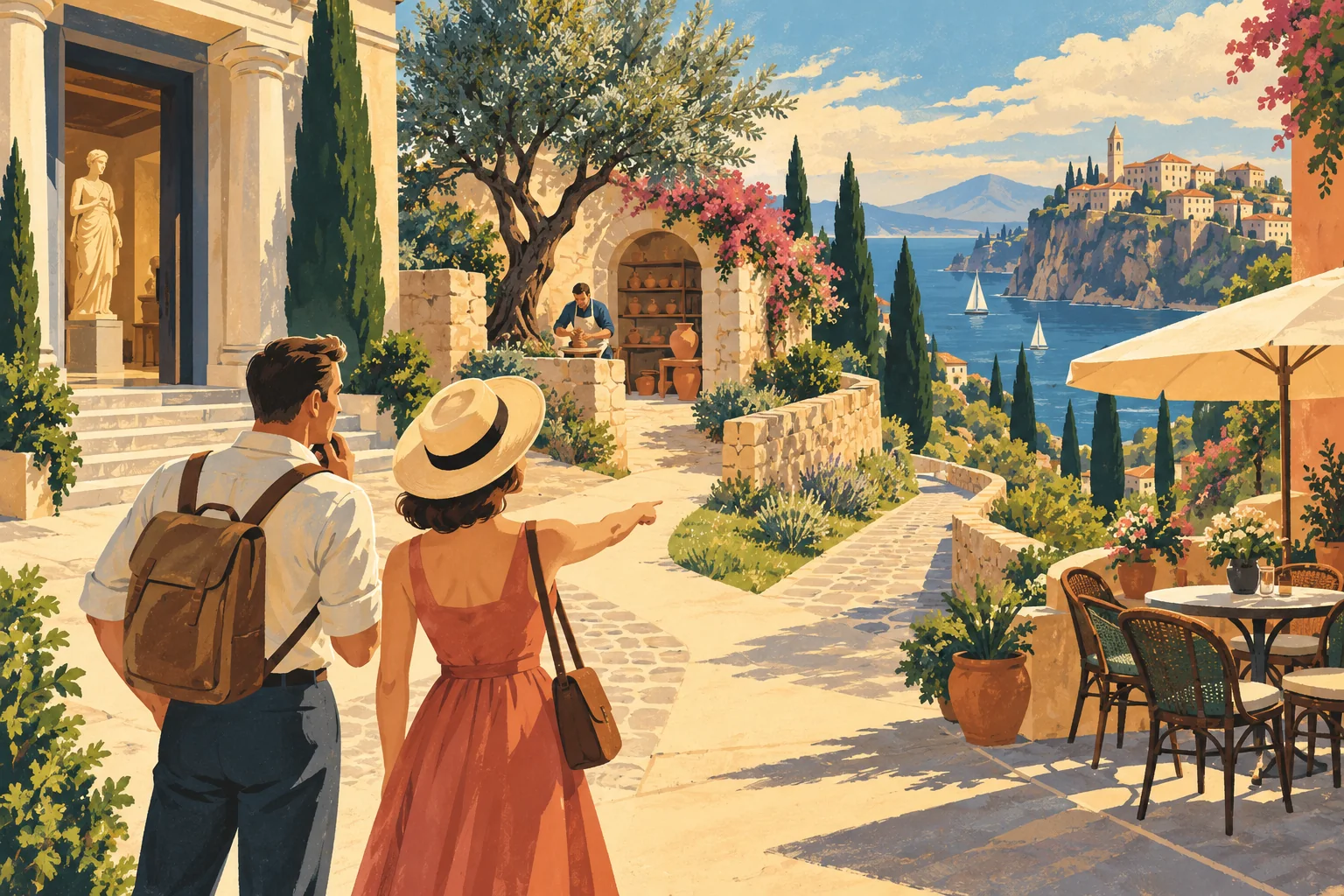 A traveler choosing between a compact neighborhood route, a distant exhibition and an open afternoon on a café table