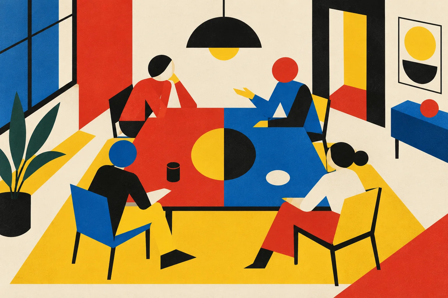 Four abstract figures gather around a geometric table, with speech-shaped forms in red, blue and yellow on warm paper