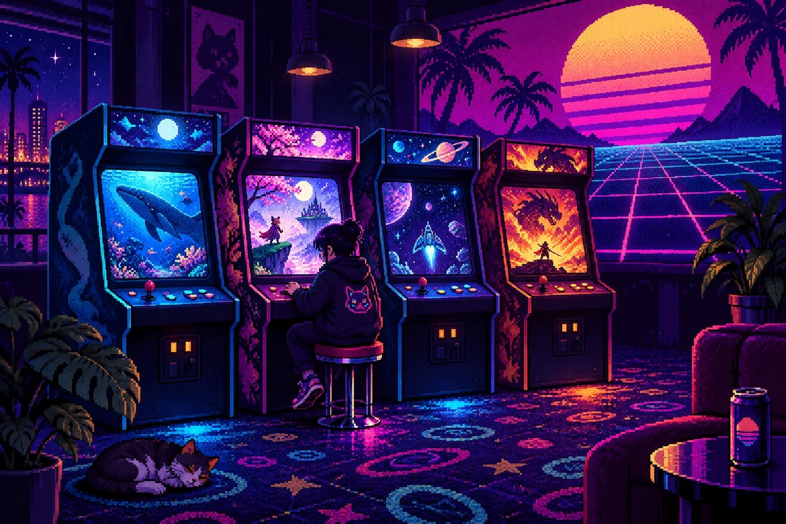 A row of glowing retro arcade cabinets in a dark arcade, a synthwave sunset painted on the back wall