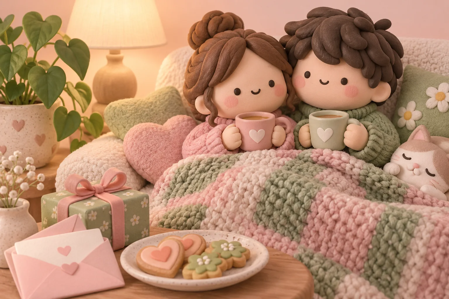 Two clay figures holding mugs together on a couch under a knitted blanket, with plants, envelopes and a wrapped gift nearby