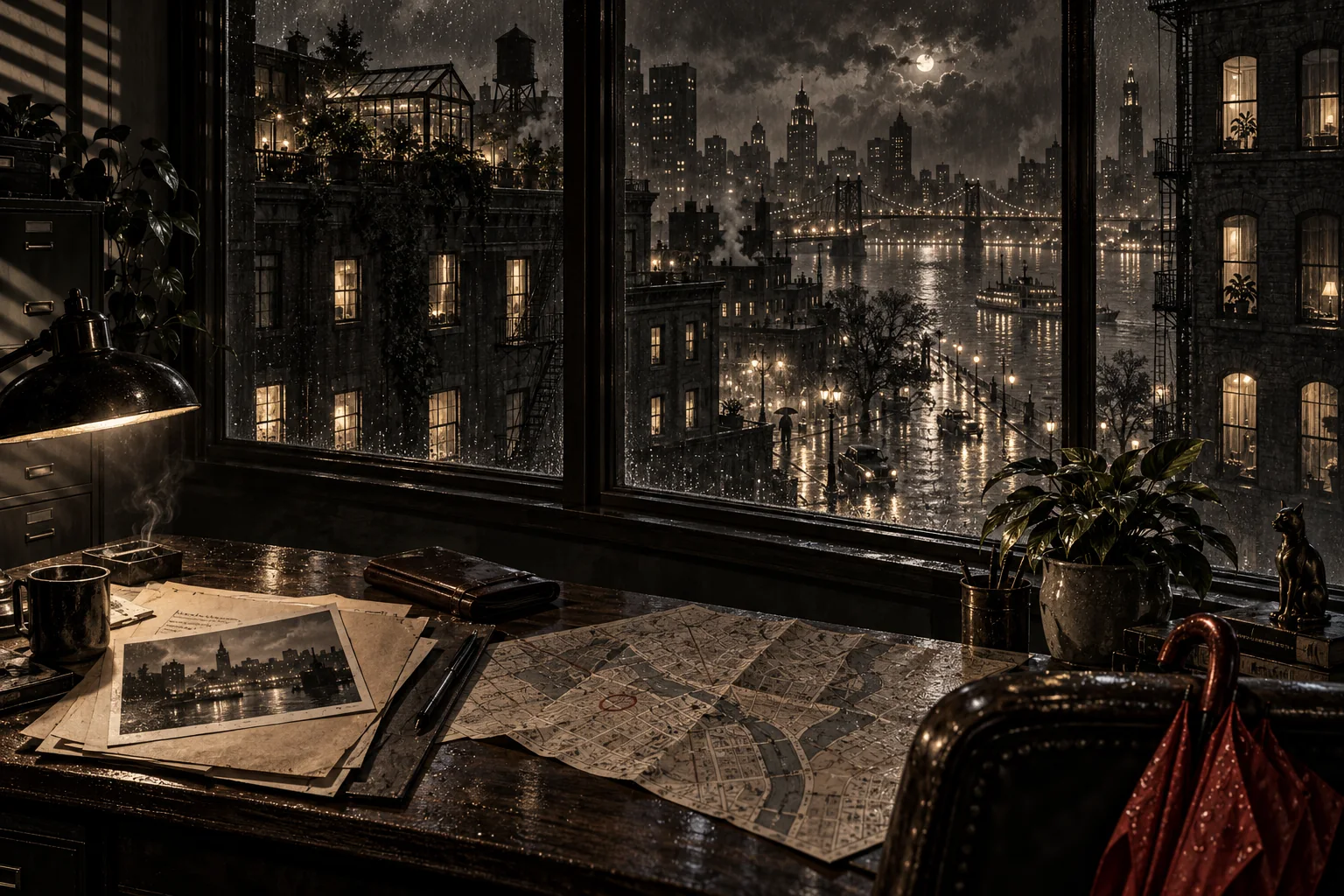 A rain-soaked city office at night, with a case file, city map, tiny potted plant and desk lamp gathered around a red umbrella
