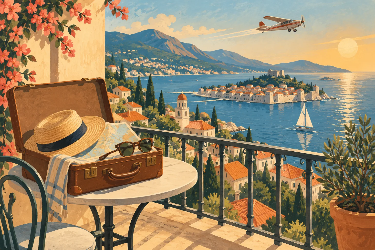 An open suitcase, a straw hat and a map on a sunny balcony above a hilly harbour city