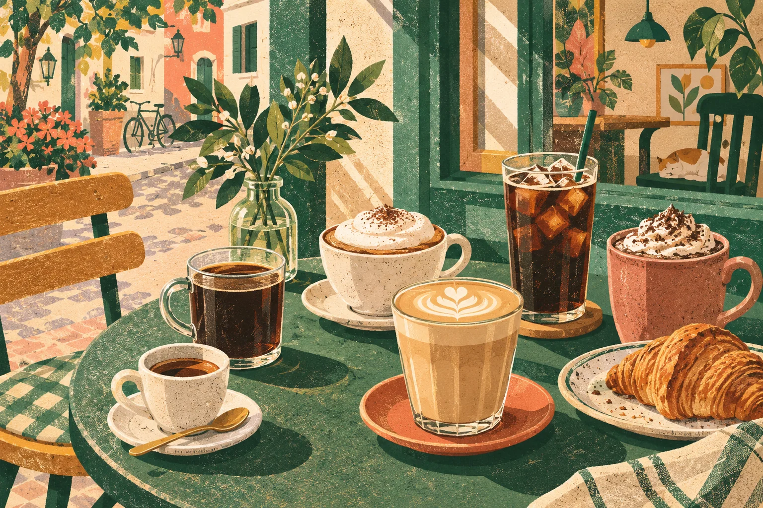 A sunny café table set with six different coffee cups, a small vase of leaves and a plate of pastries