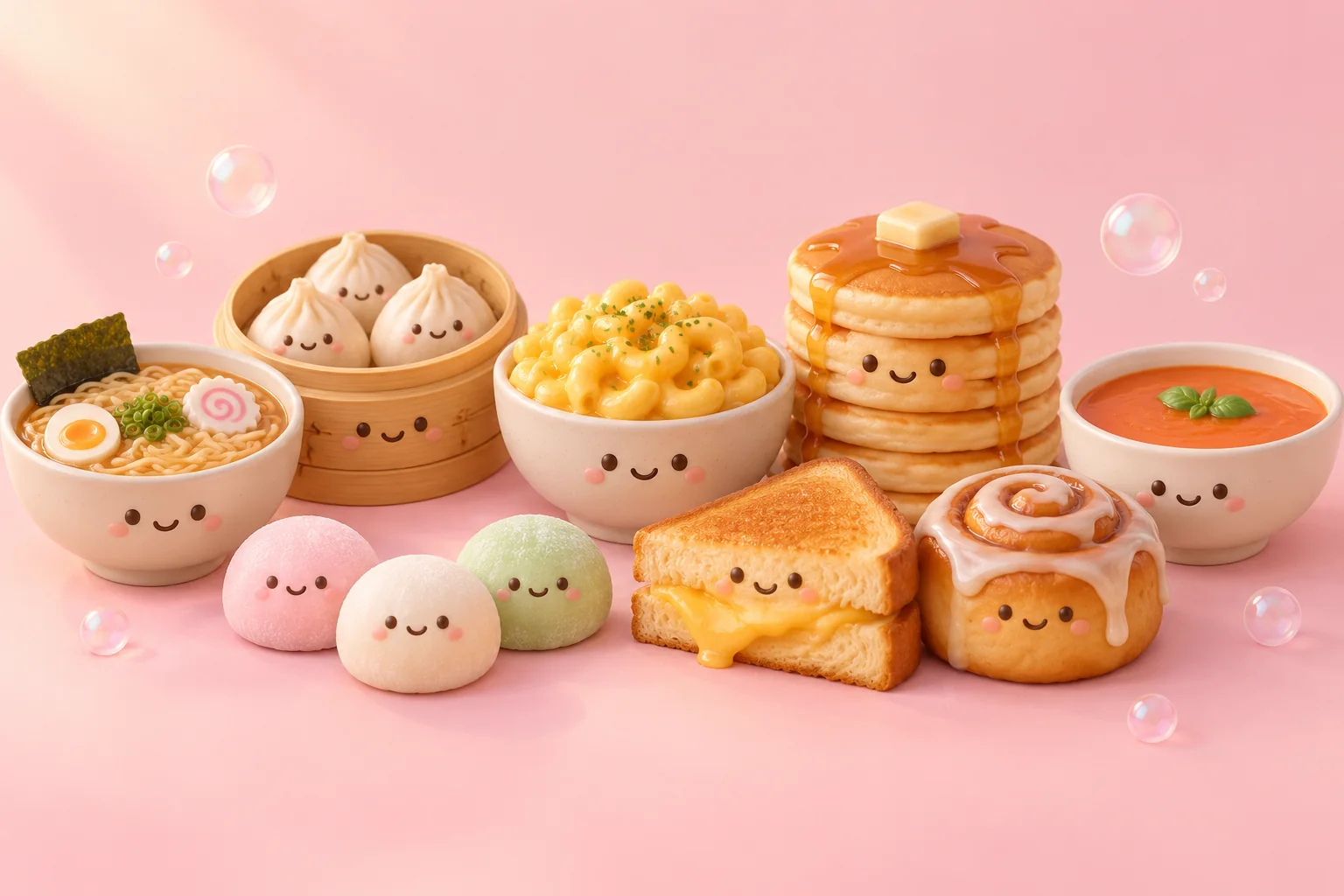 Eight cute clay comfort foods with tiny smiling faces gathered on a pastel pink table