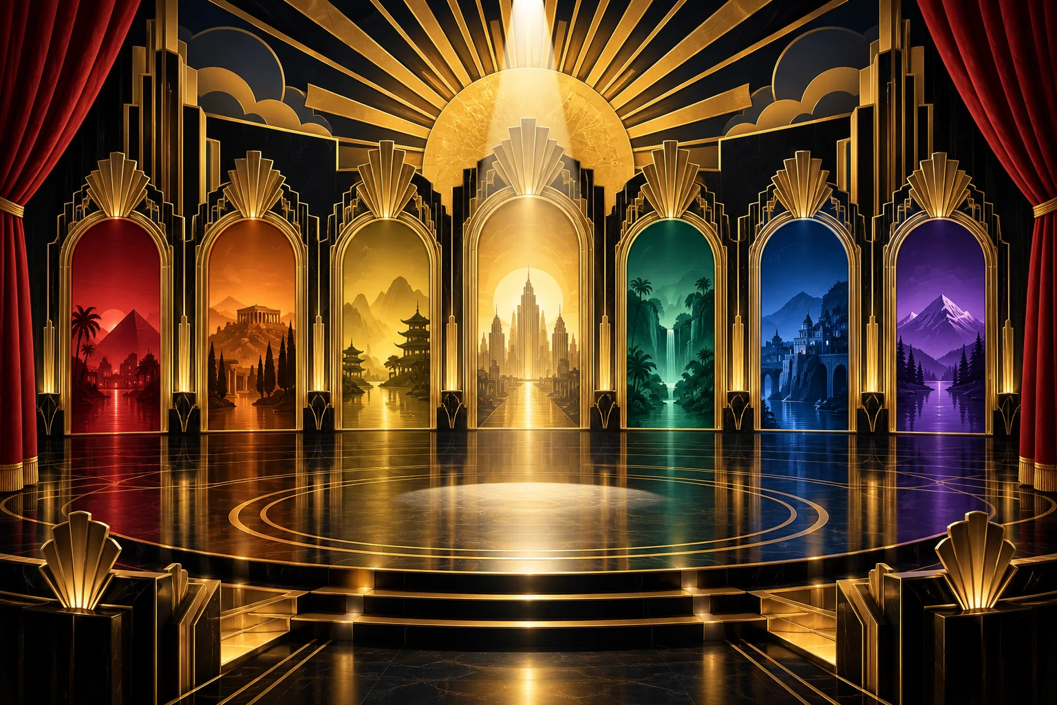 A grand Art Deco stage with a gold sunburst and seven glowing arched doorways, one for each decade