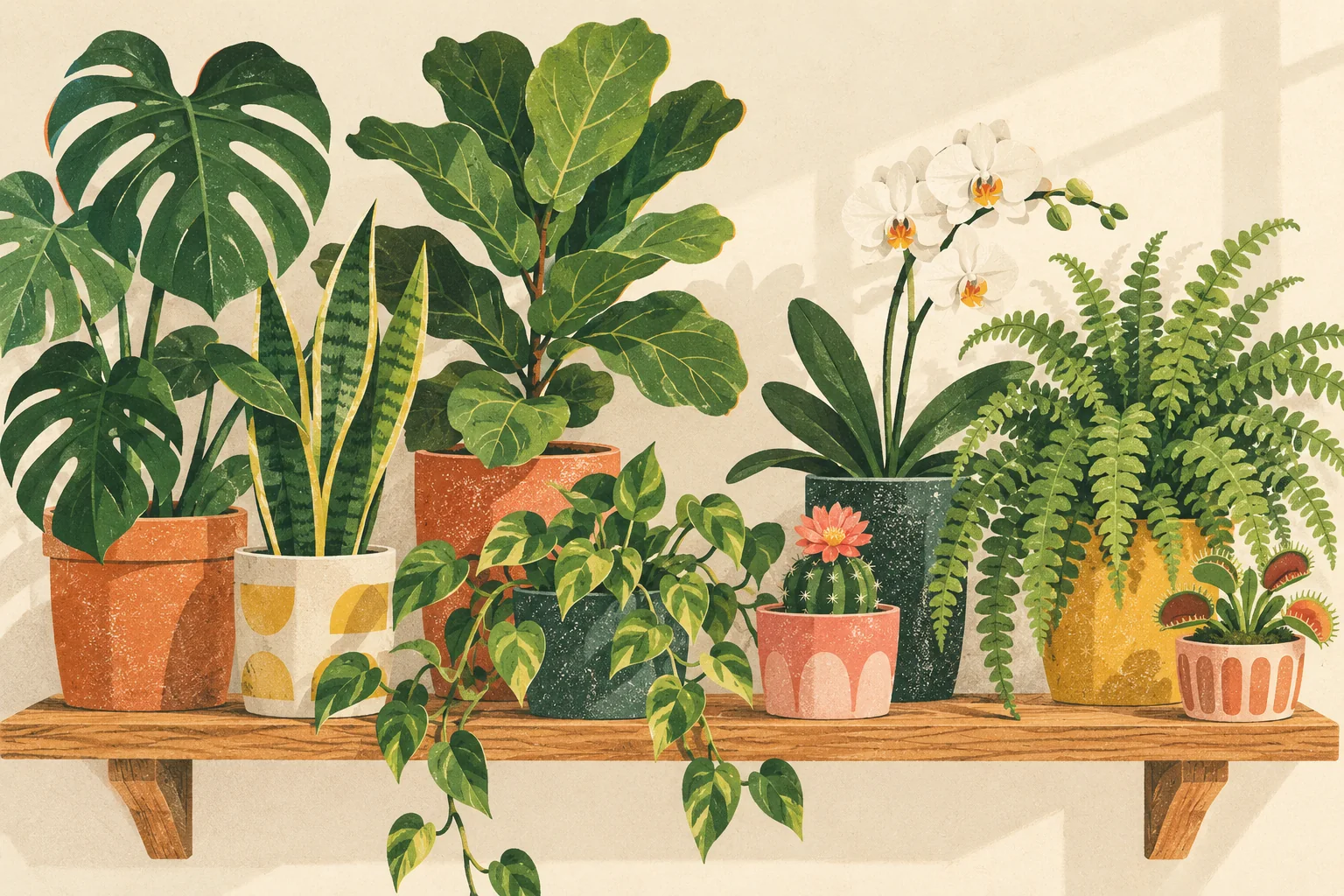 A sunny shelf crowded with eight different houseplants in colourful pots
