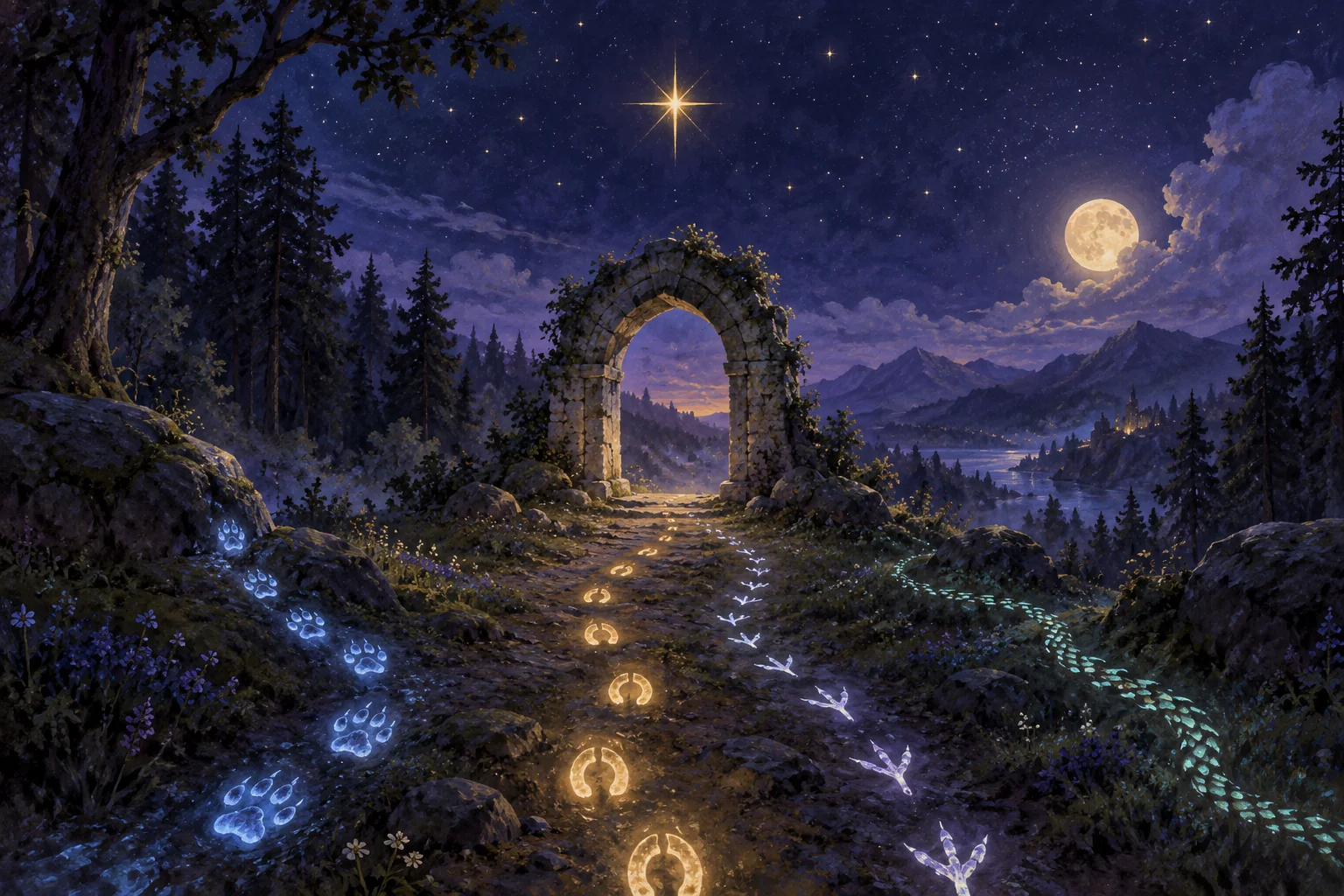 A circle of eight mythical creatures gathered around a small glowing star beneath a deep blue night sky