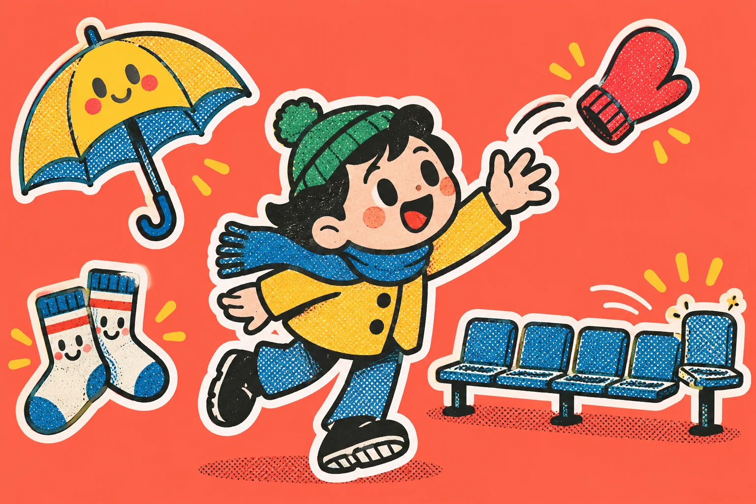 A playful collage of an umbrella of sunlight, perfectly paired socks, a growing queue bench and an object floating toward its owner