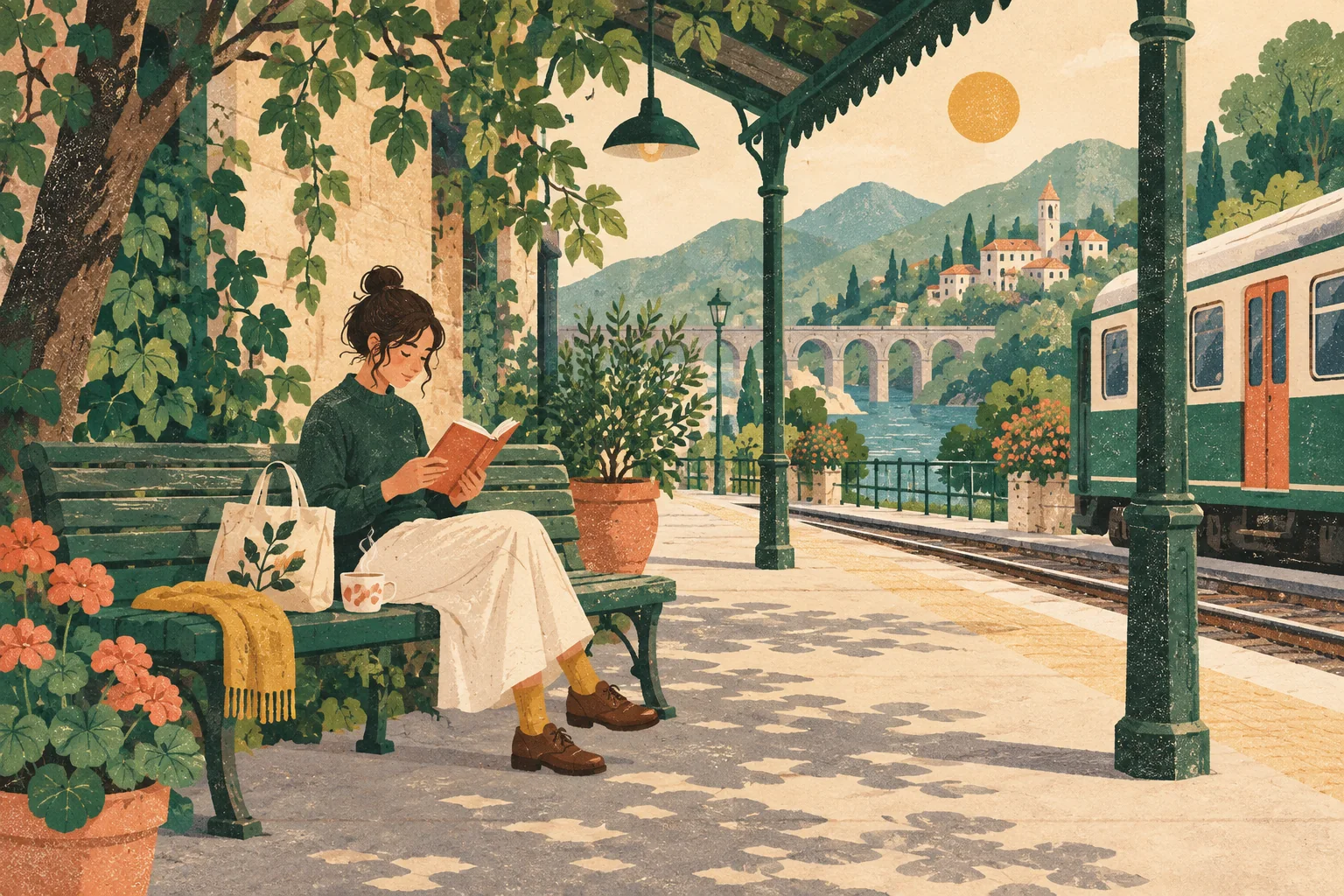 A leafy station waiting area with bench, reader, tote and warm tea under afternoon light