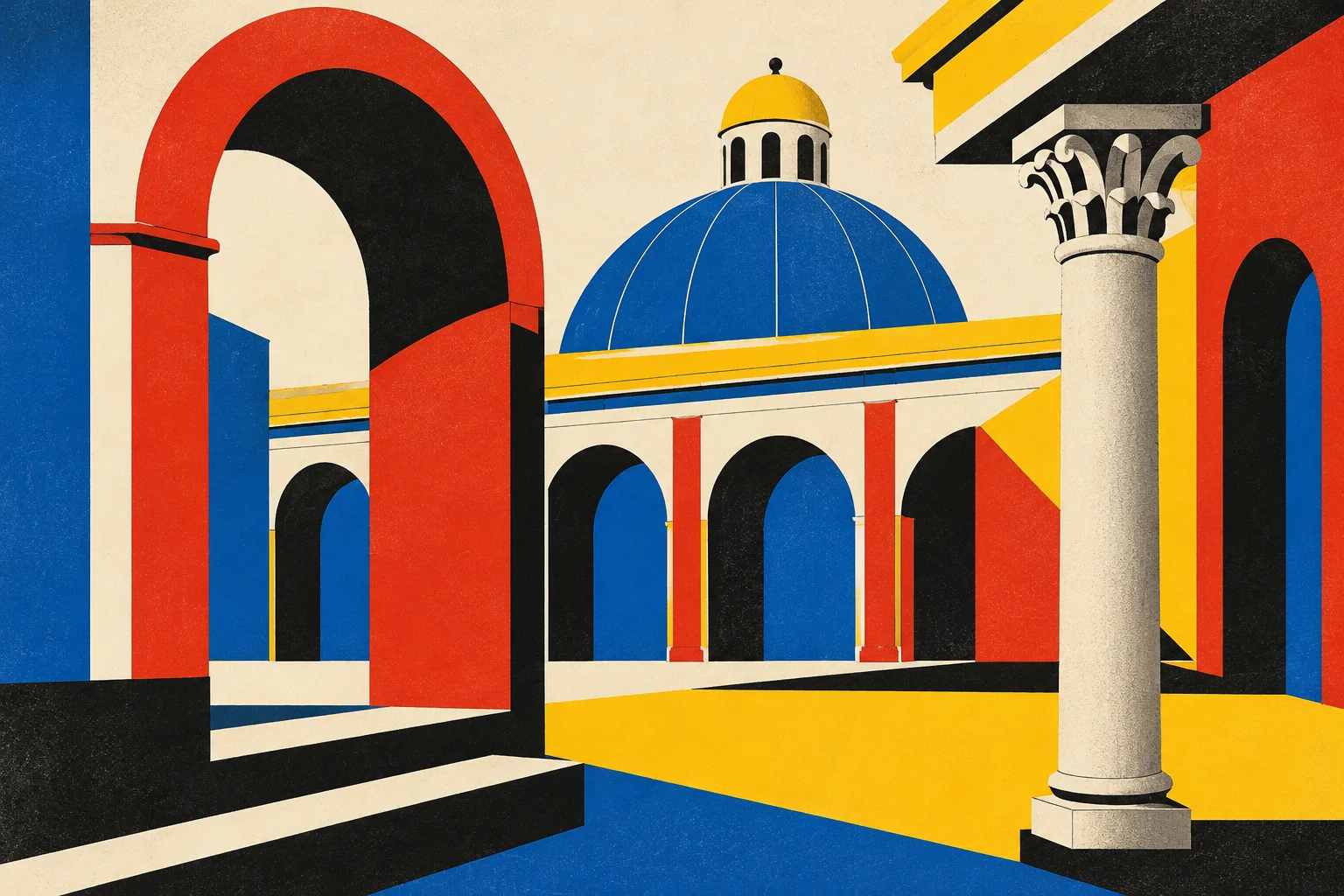 An imaginative architectural courtyard assembled from an archway, arcade, column, carved capital, dome and projecting cornice