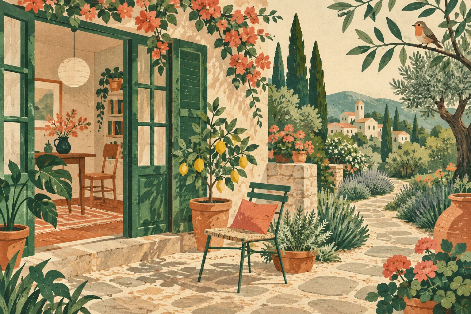 A calm courtyard and adjoining room with green window, winding path, chair and bird on a branch
