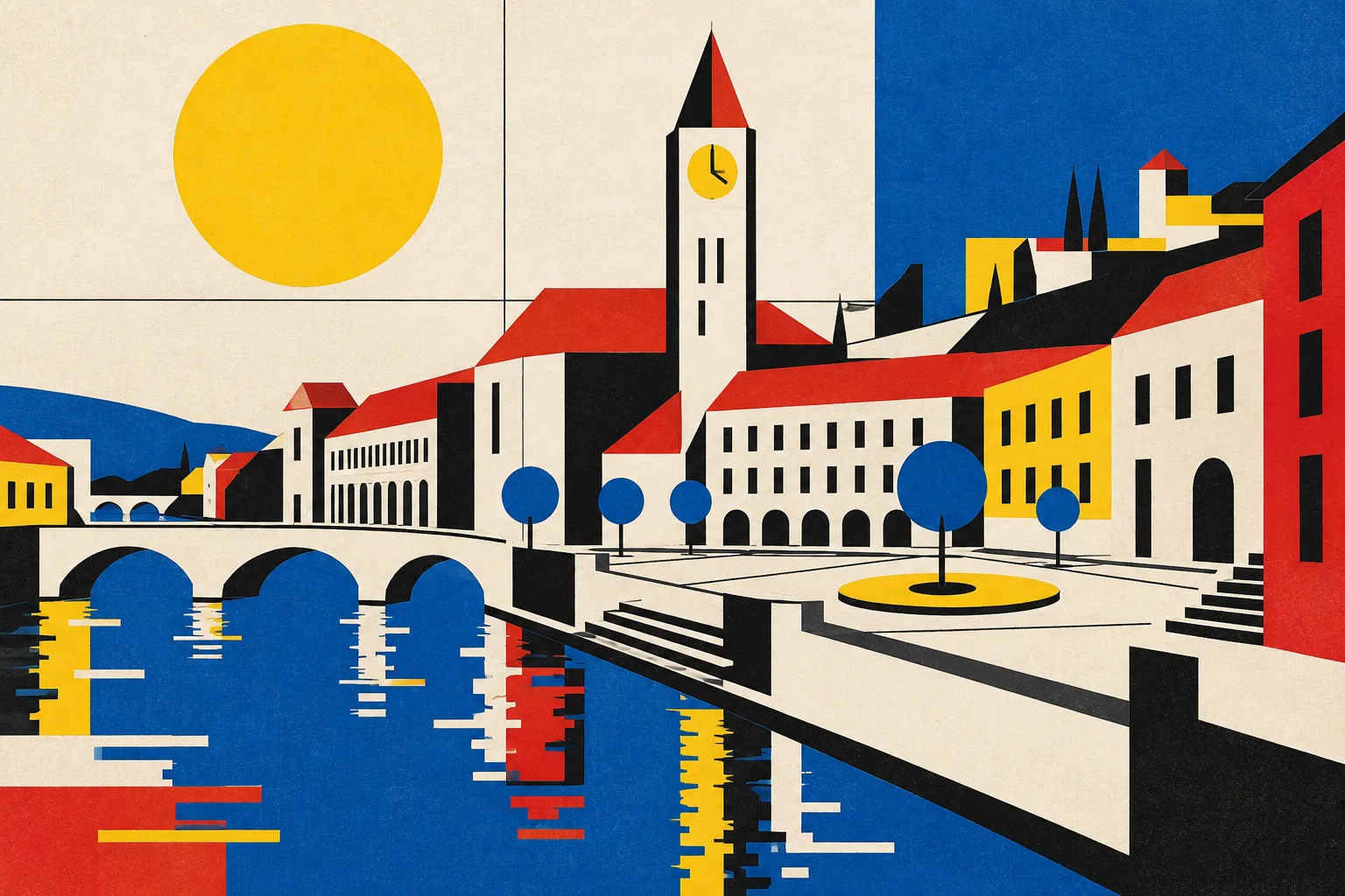 A geometric city seen at walking scale with a river edge, clocktower landmark, small square and branching paths