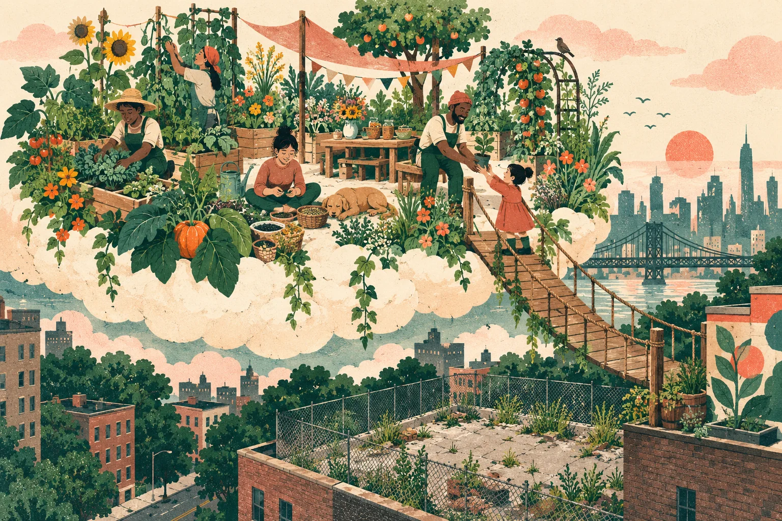 A fantastical community garden floating in a cloud above its empty city plot, with a gentle rope bridge, seed baskets and a welcome table