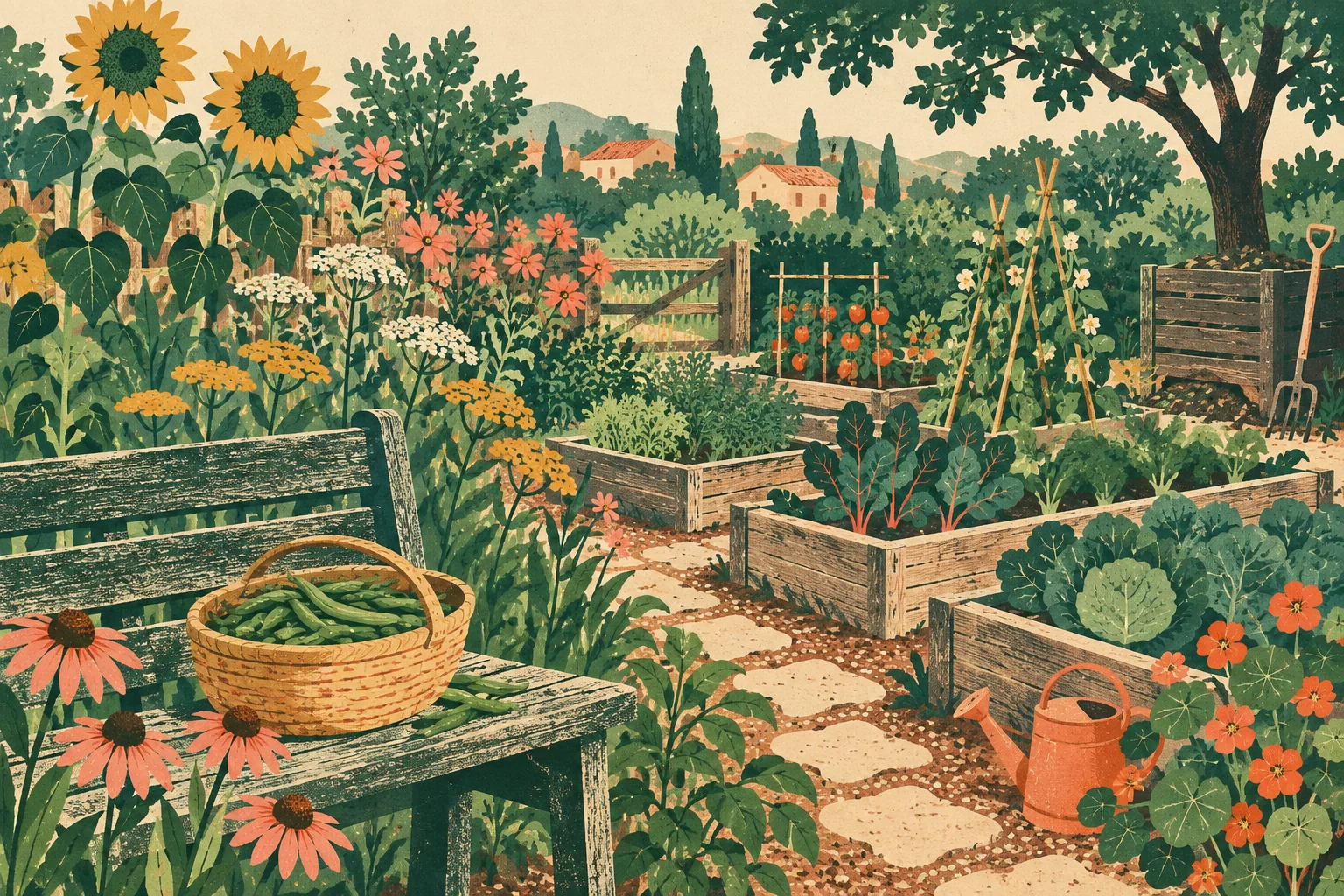 A community garden with raised beds, flowering border, compost area and a bench with a basket of beans
