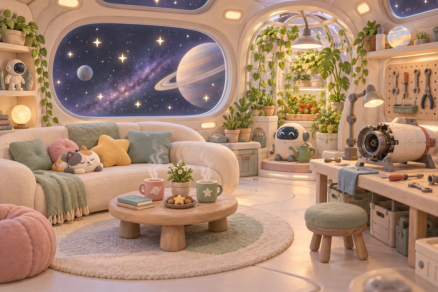 A cozy rounded spaceship lounge with a star window, small greenhouse, steaming mugs and a repair bench