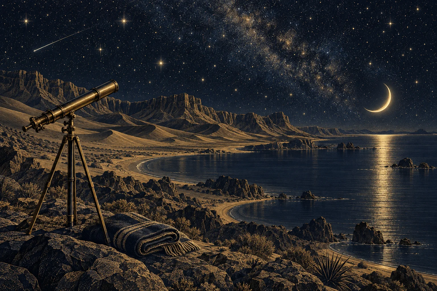 A wide indigo landscape with a desert ridge, a calm coastal inlet, a telescope and a folded blanket under stars