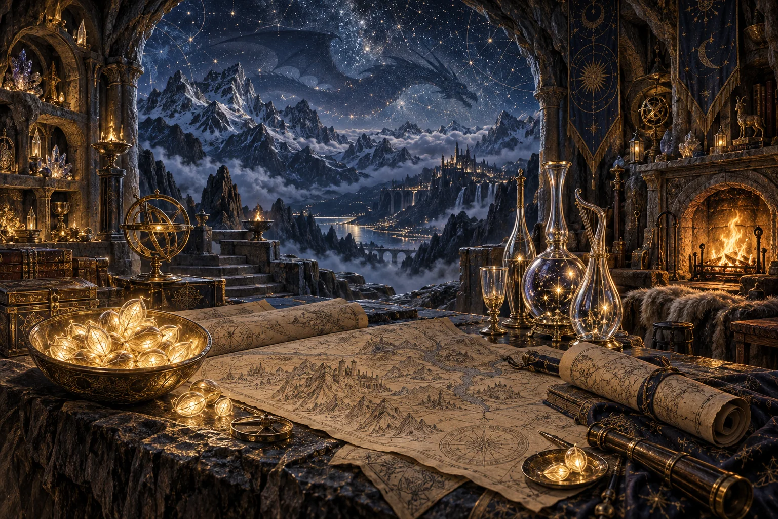 A magical mountain treasury containing glowing seeds, folded maps, musical glass vessels and a cozy hearth under a distant dragon-shaped shadow