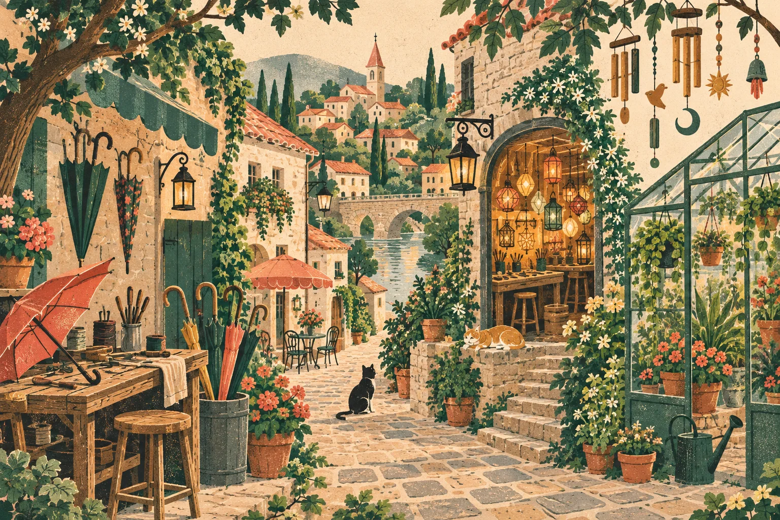 A warm enchanted village lane with an umbrella repair bench, lantern maker, small greenhouse and musical wind chimes