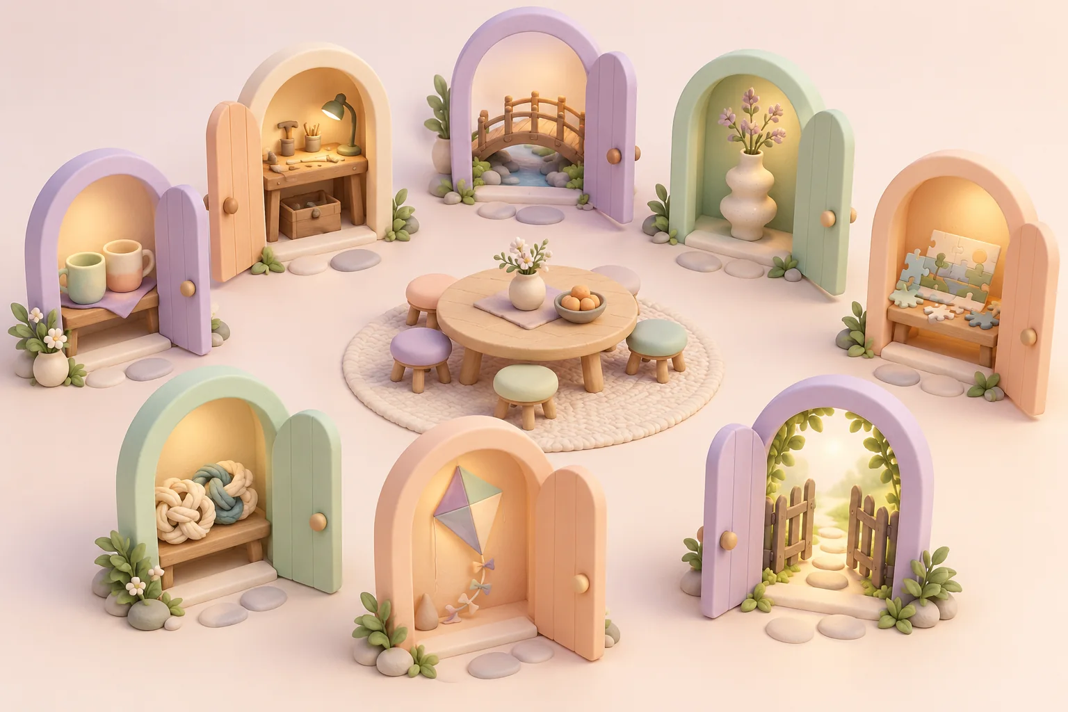 Softly coloured miniature doorways arranged around a welcoming central table, revealing different thoughtful objects
