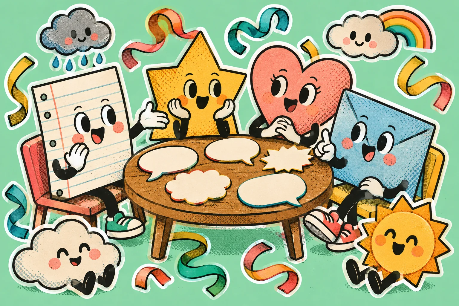 Playful paper characters sharing a table of blank speech bubbles, colourful ribbons and small weather clouds