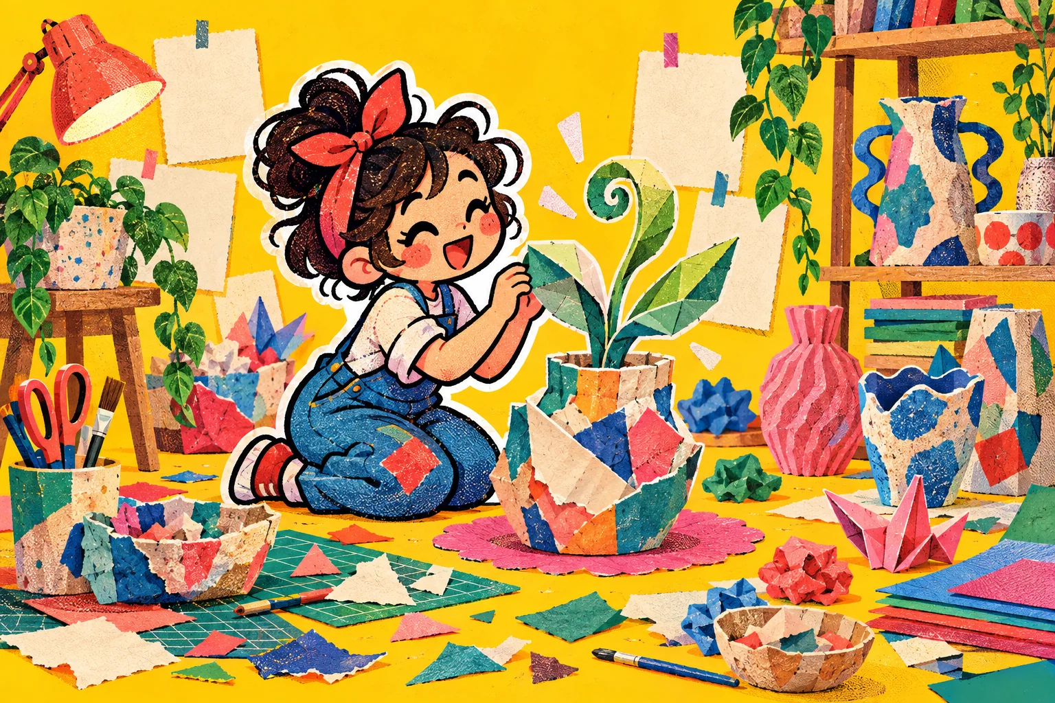 A vivid craft studio filled with thumbnail sketches, scraps, experimental vessels and a single growing paper idea