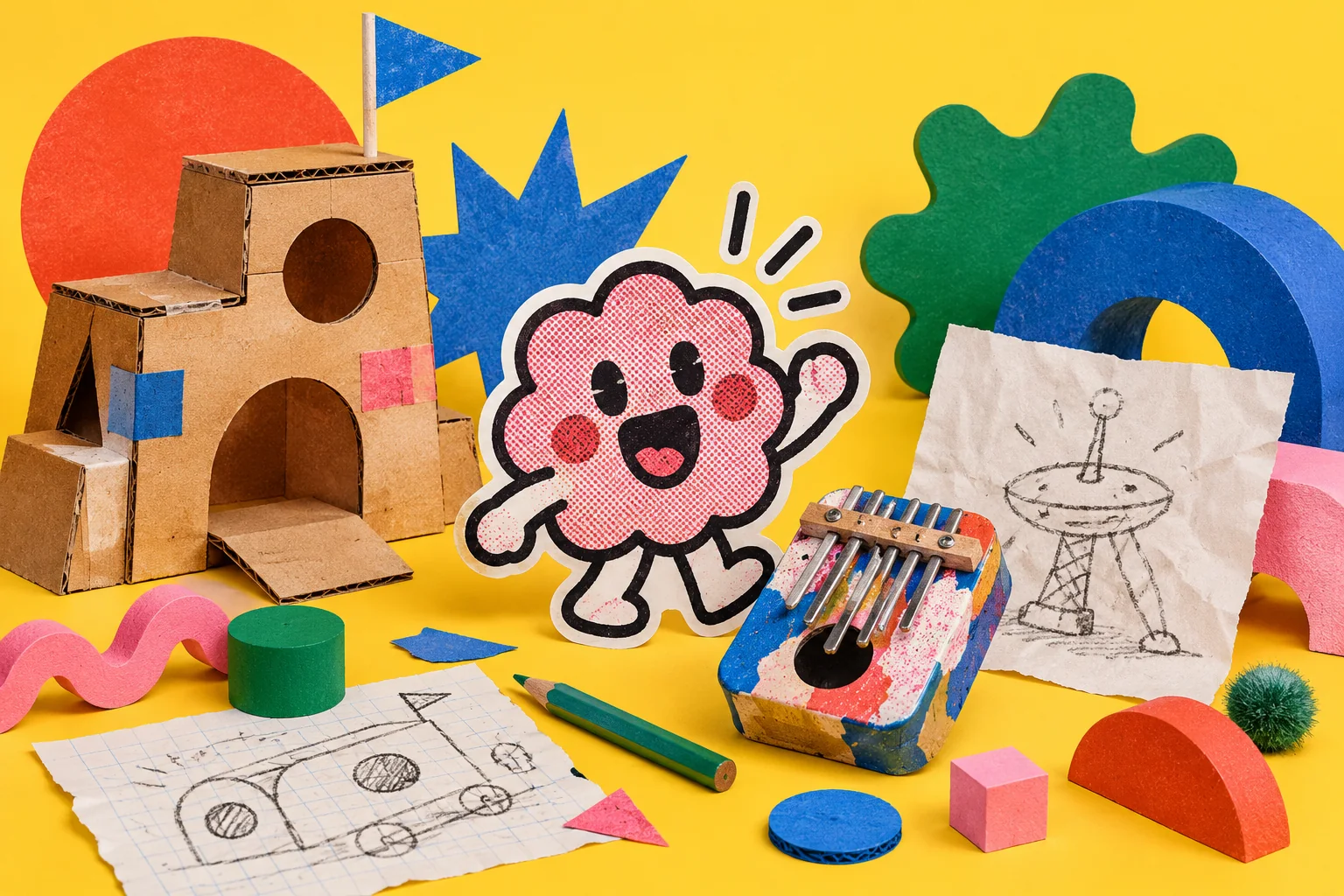 A playful creative table with a cardboard prototype, colored shapes, an original small instrument and two unfinished ideas meeting in the middle