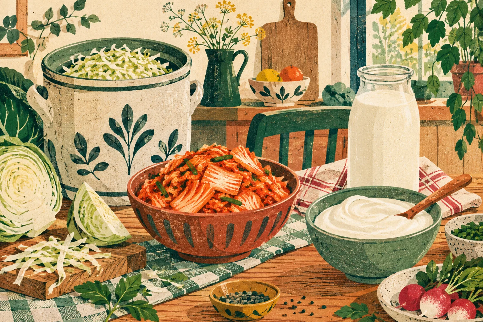 A warm kitchen table with a crock of shredded cabbage, a bowl of kimchi, creamy yogurt and a jar of kefir with plain unlabeled vessels