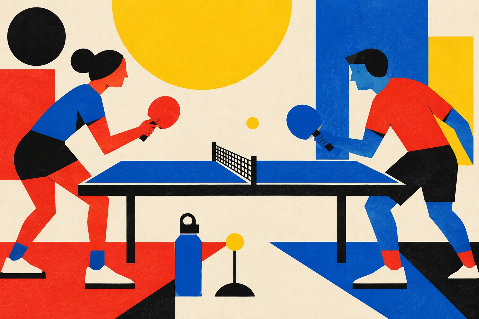 A friendly tabletop competition with geometric game pieces, two paddles, a shared water bottle and a small practice target