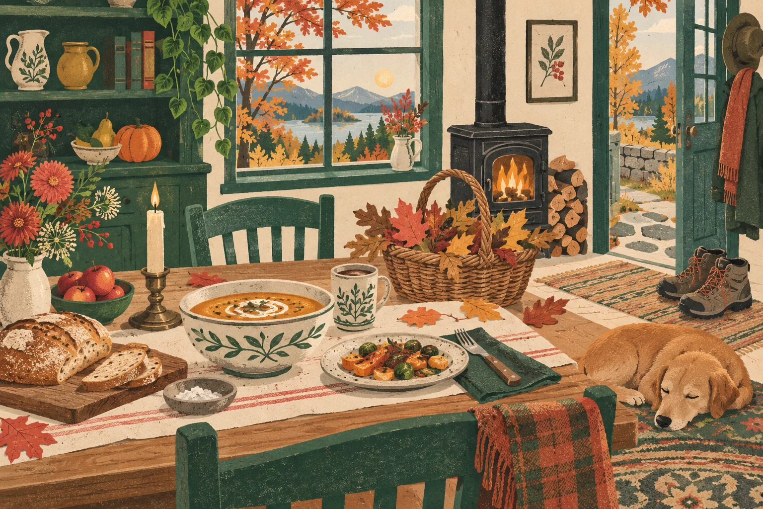 A recurring seasonal supper table with one familiar ceramic bowl, a candle, a basket of autumn leaves and walking shoes beside the door