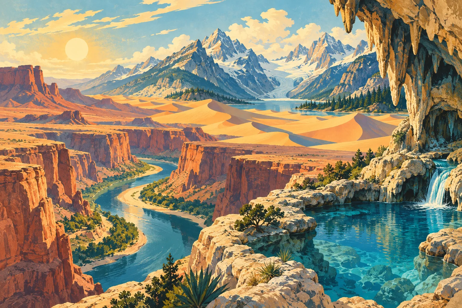 A stylized landscape panorama with a river canyon, wind-swept dunes, a U-shaped valley and a limestone cave spring