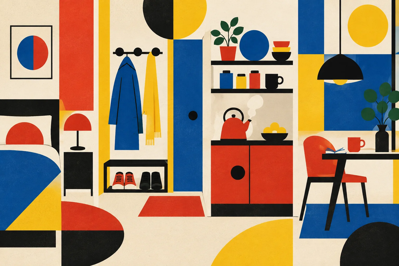 A warm modernist home with kettle, shoes, book and a simple sequence of everyday routine stations