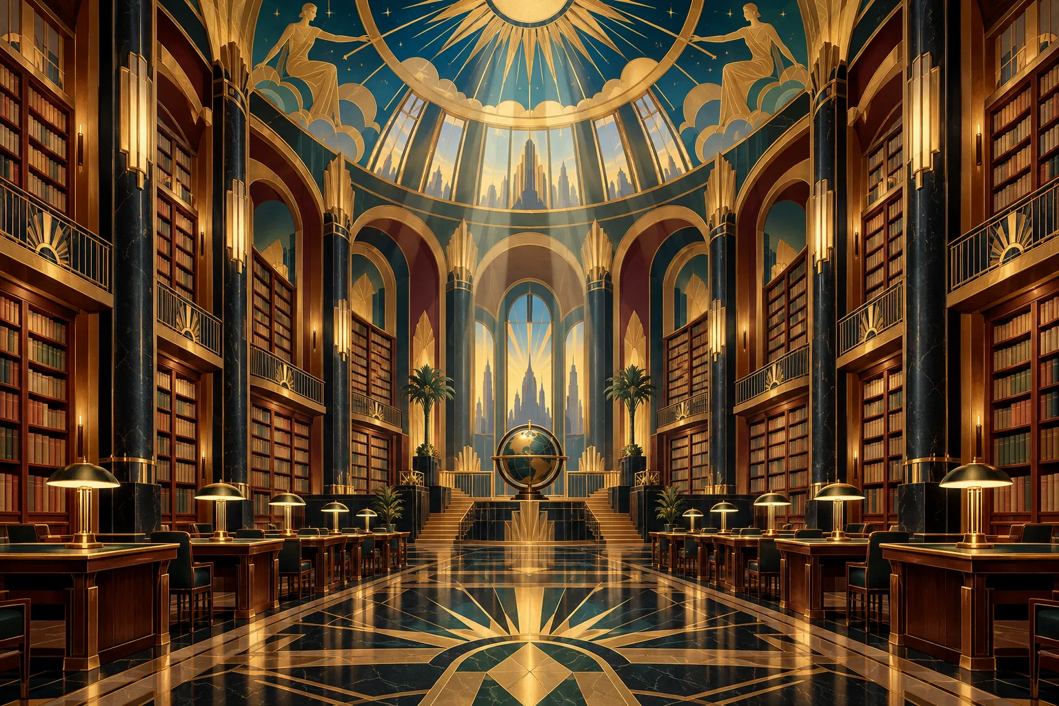An imagined library panorama combining warm timber shelves, a domed reading room and a painted ceiling above blank-spined books
