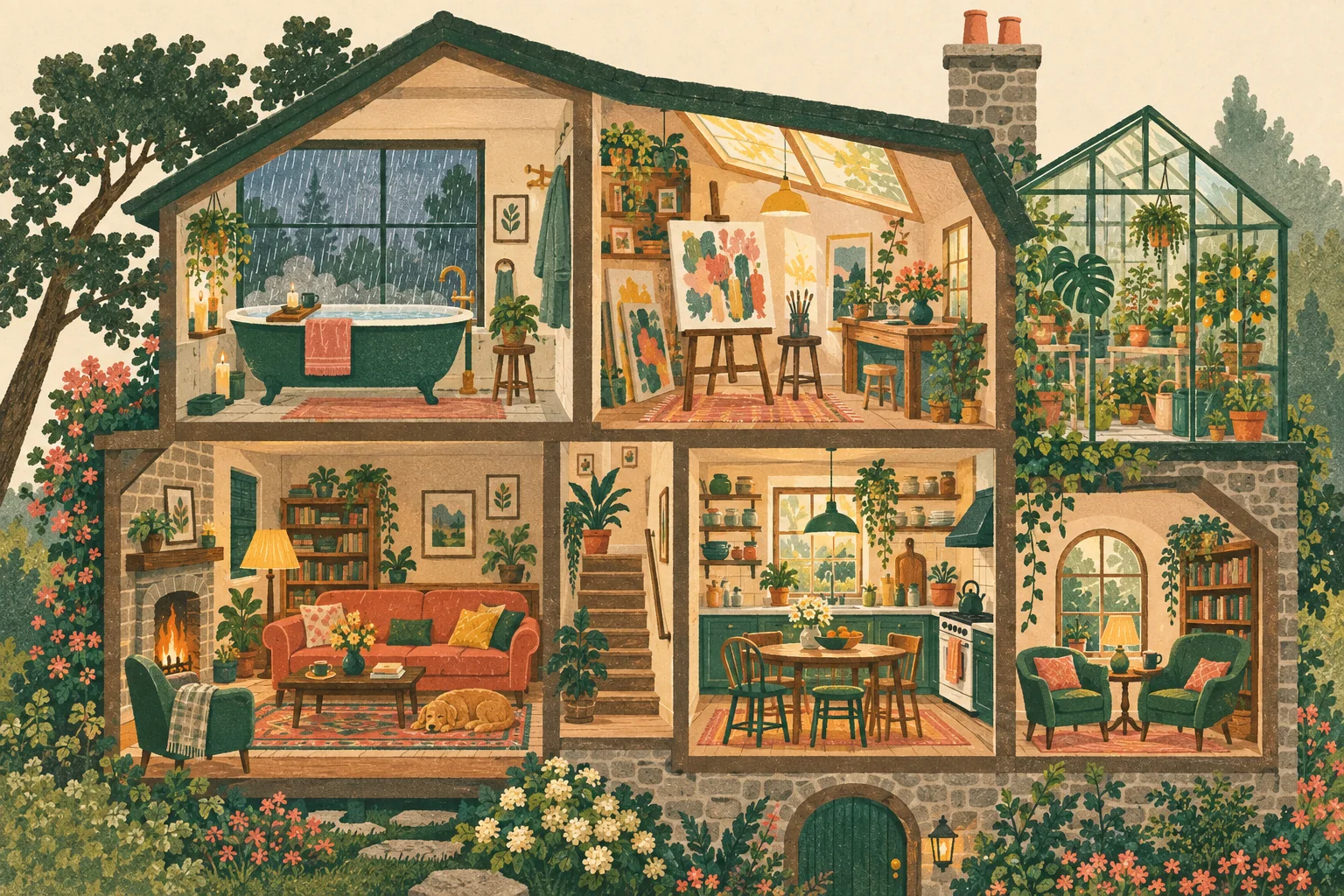 A cozy imaginary house cutaway showing a rain room, sunny art studio, tiny greenhouse and warmly lit conversation nook