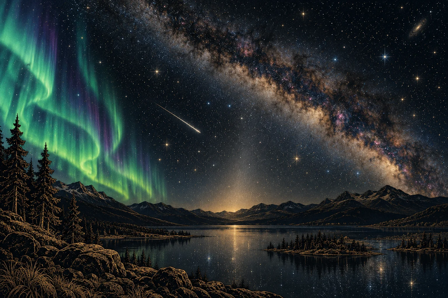 A wide night landscape with an aurora at one side, faint zodiacal glow, a realistic Milky Way band and a single meteor above low dark hills