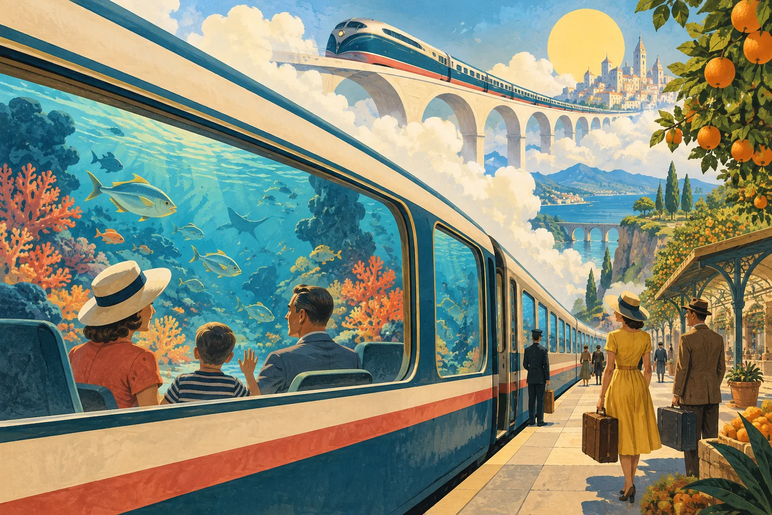 A beautiful imaginary railway junction with a train crossing clouds, an underwater carriage window and a platform beside an orchard