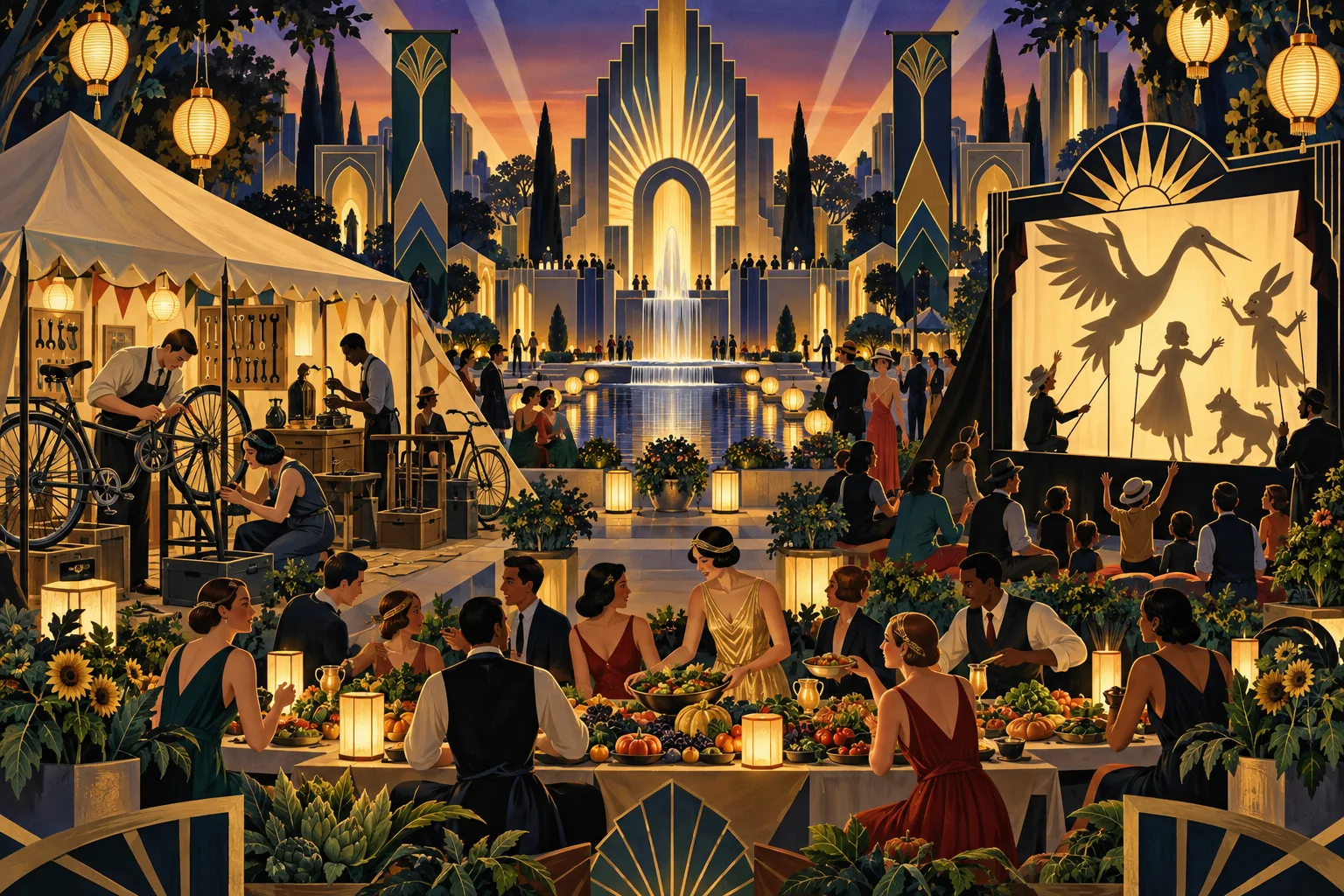An imaginary festival square with lantern tables, an outdoor repair tent, playful shadow theatre and a shared garden feast