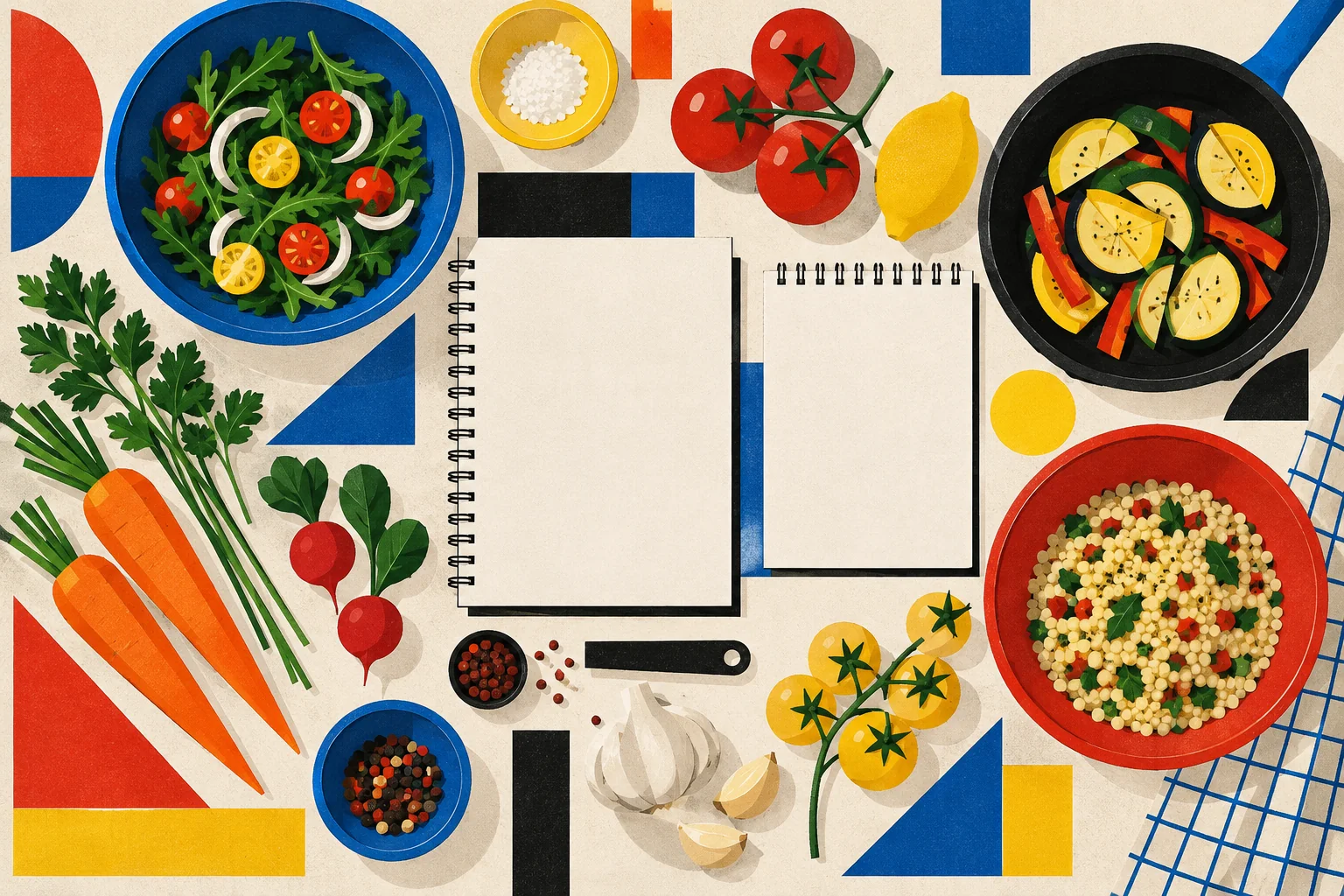 A geometric kitchen worktable with two tasting bowls, a measuring spoon, vegetables and a pan arranged around blank notebook pages