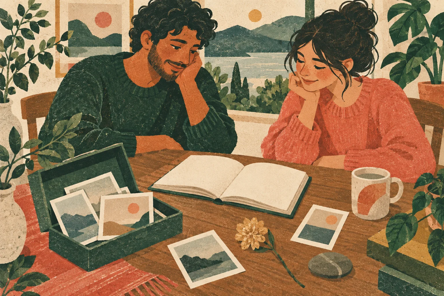 A warm personal archive table with journal, photo case, dried flower, pebble and two people remembering