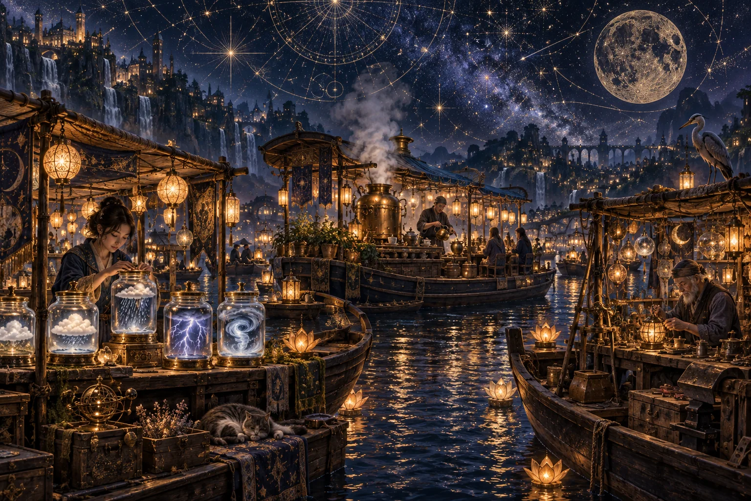 A midnight floating market of lantern boats, a steaming tea barge, a repair stall and jars of tiny weather beneath an indigo sky