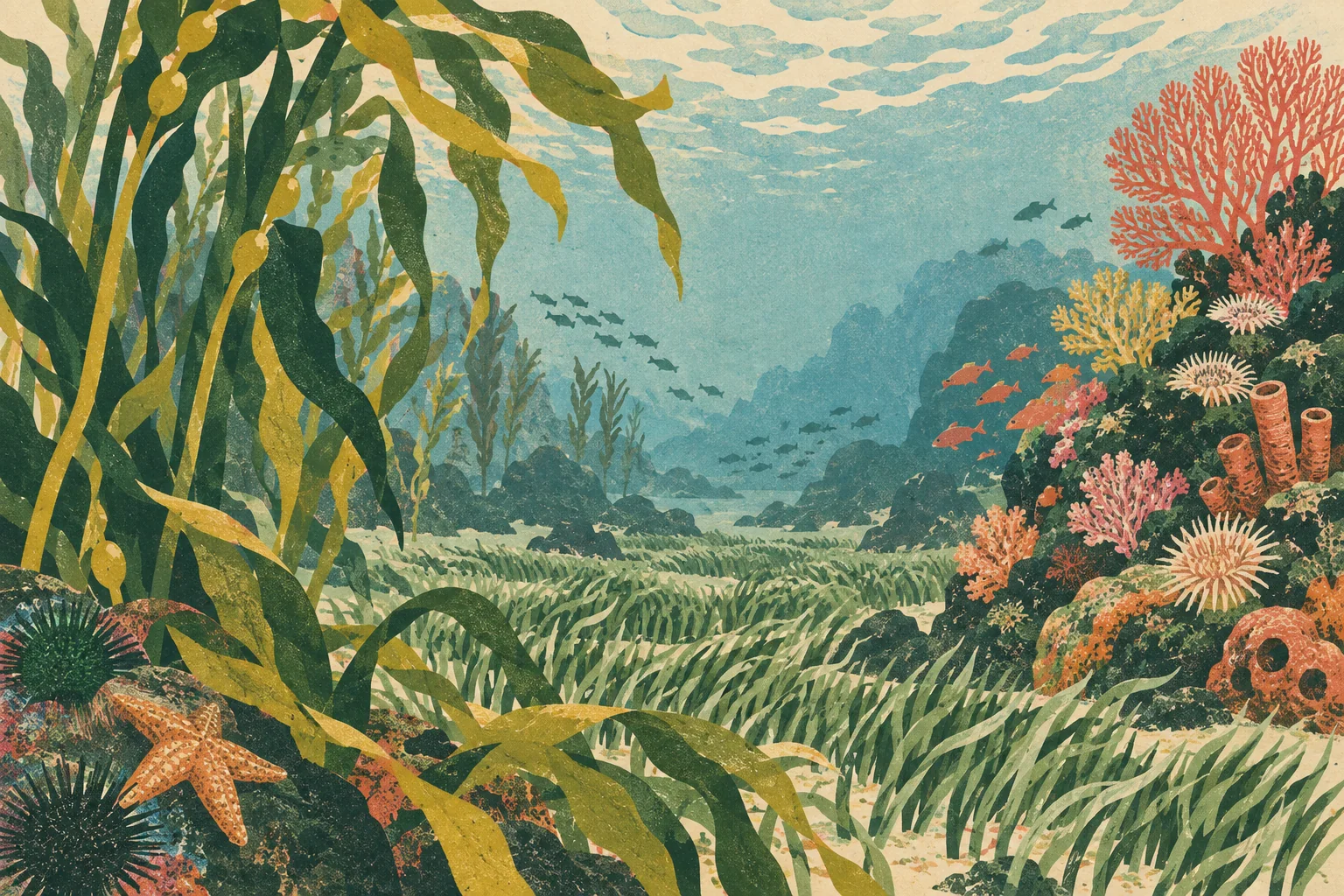 An underwater panorama with kelp fronds, a seagrass meadow, a colorful coral outcrop and distant blue open water