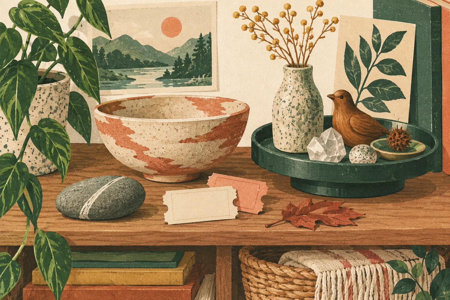 A personal collection shelf with a smooth stone, a ceramic bowl, unprinted ticket stubs, dried leaves and a rotating display tray