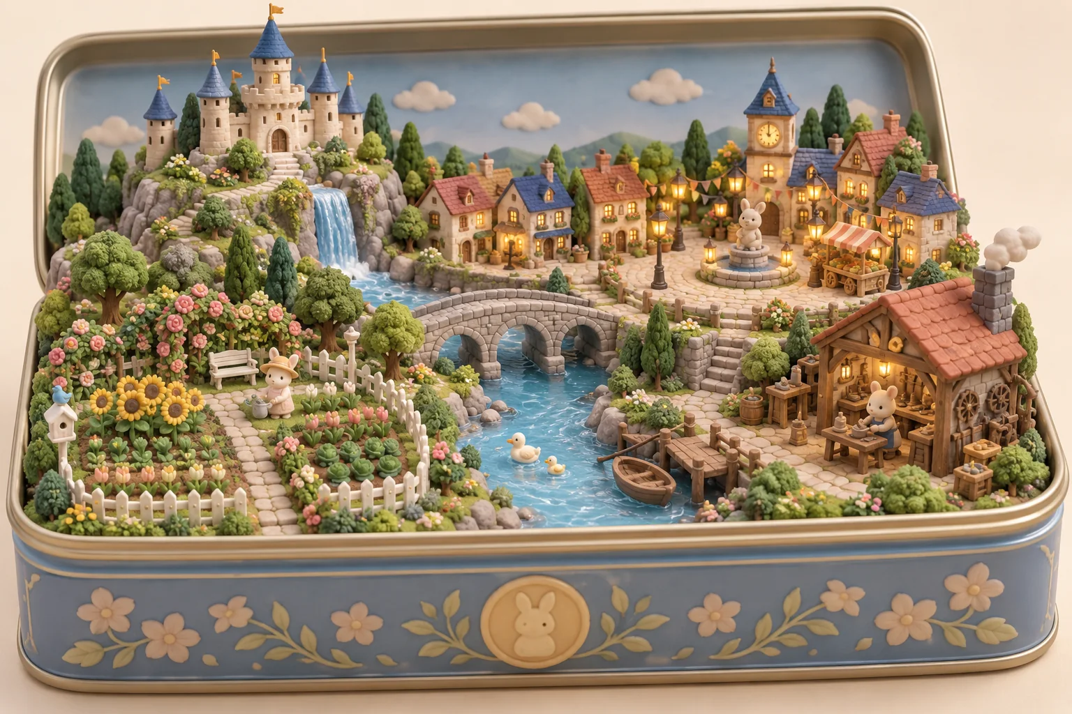 A collection of tiny original kingdoms in a biscuit tin with a miniature garden, bridge village, workshop and lantern square