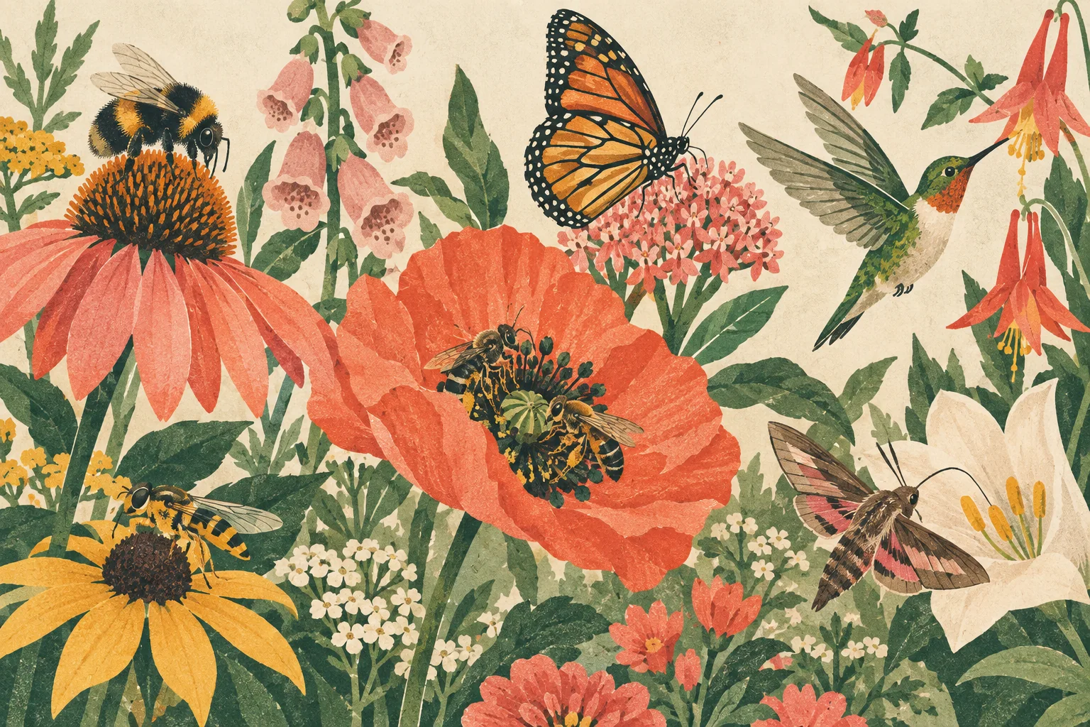A blooming garden with a bumblebee, solitary bee, butterfly, moth, hummingbird and hoverfly around varied flowers