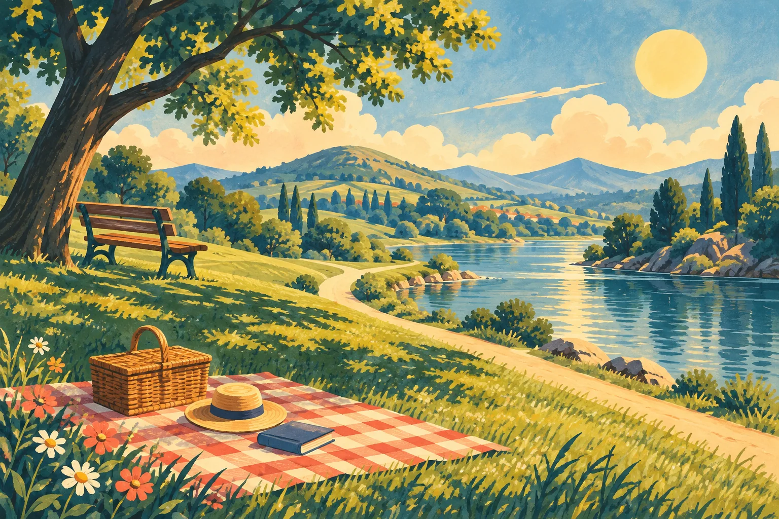 A nearby park scene with a river path, picnic blanket, small hill and a bench under a tree