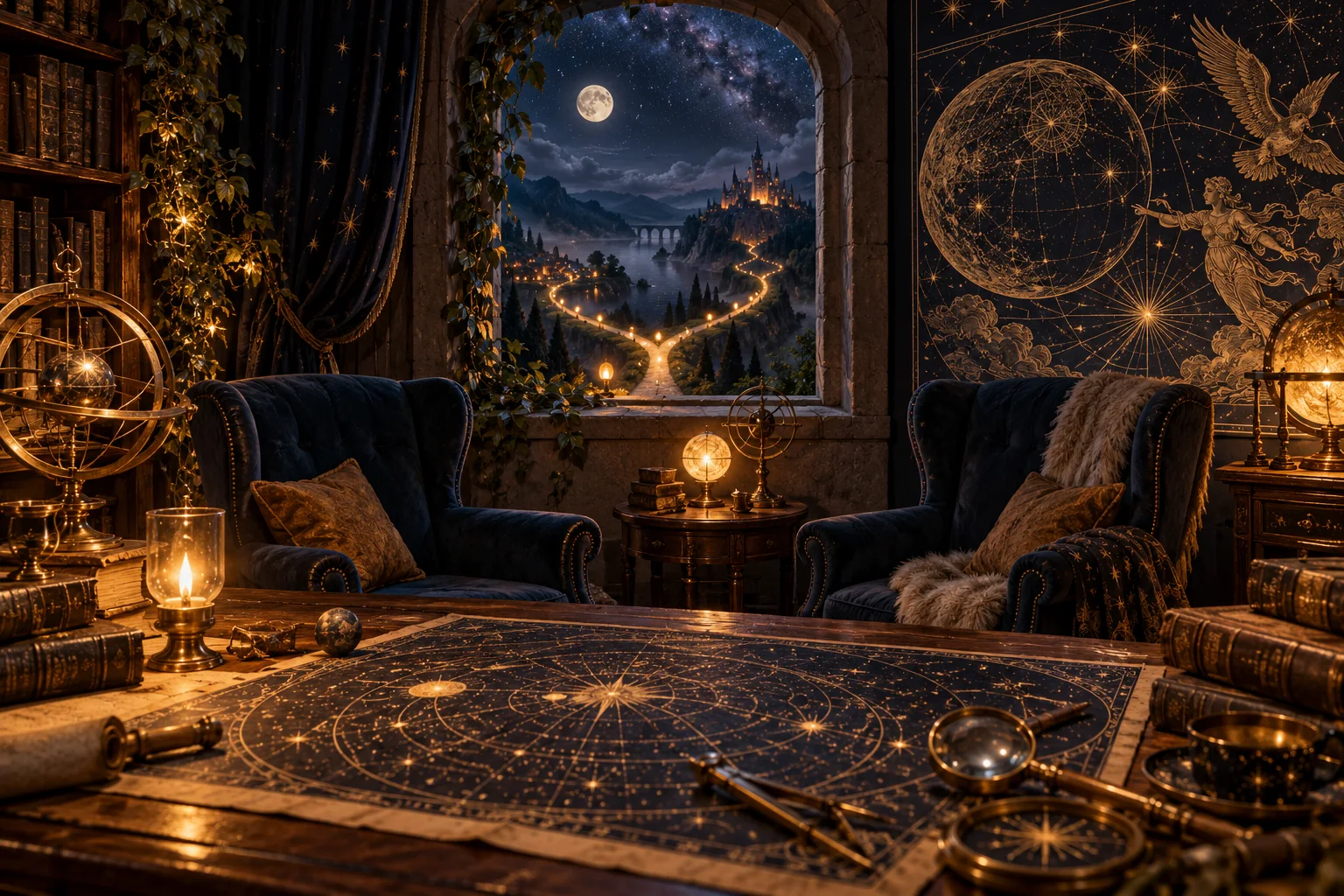 A warm storytelling desk with a scene unfolding through a small window, a branching path of glowing objects and two inviting chairs