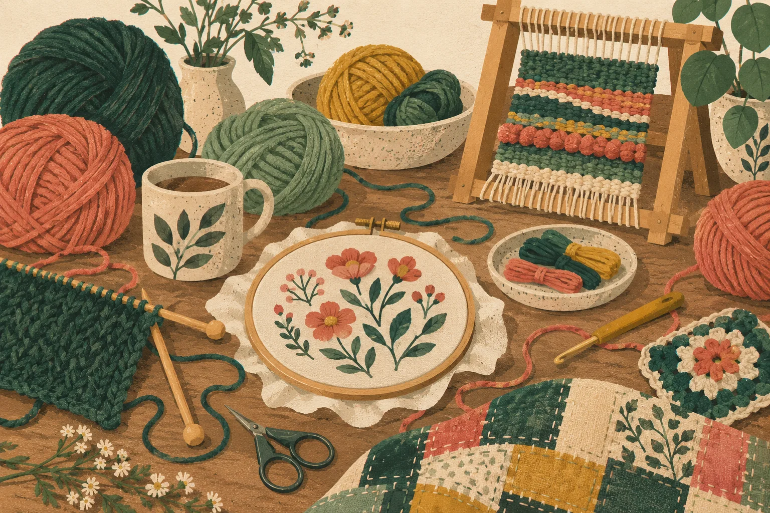A warm craft table with yarn, knitting needles, a crochet hook, embroidery hoop, small loom and patched cloth