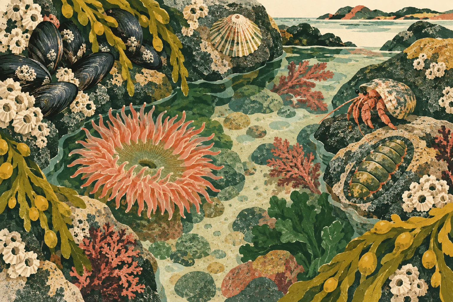 A clear rocky tide pool containing anemone, mussels, barnacles, limpet, hermit crab and chiton amid algae